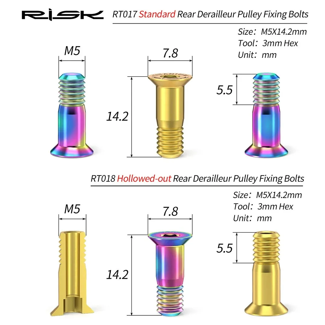 RISK 2PCS M5*14.2mm Bicycle Rear Derailleur Bolt Titanium  Jockey Wheel Bolt Parts MTB Bike Shifter Guide Roller Bolt Screw