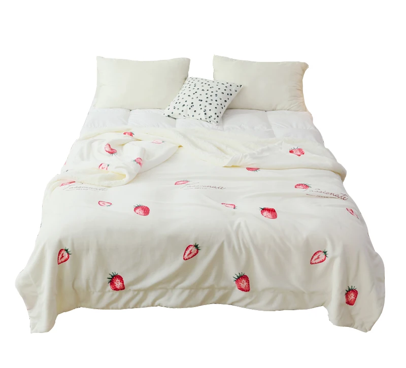 Ins Small Fresh Style White Strawberry Pattern Lambskin Double Layer Good Sleeping Warm Winter Blanket