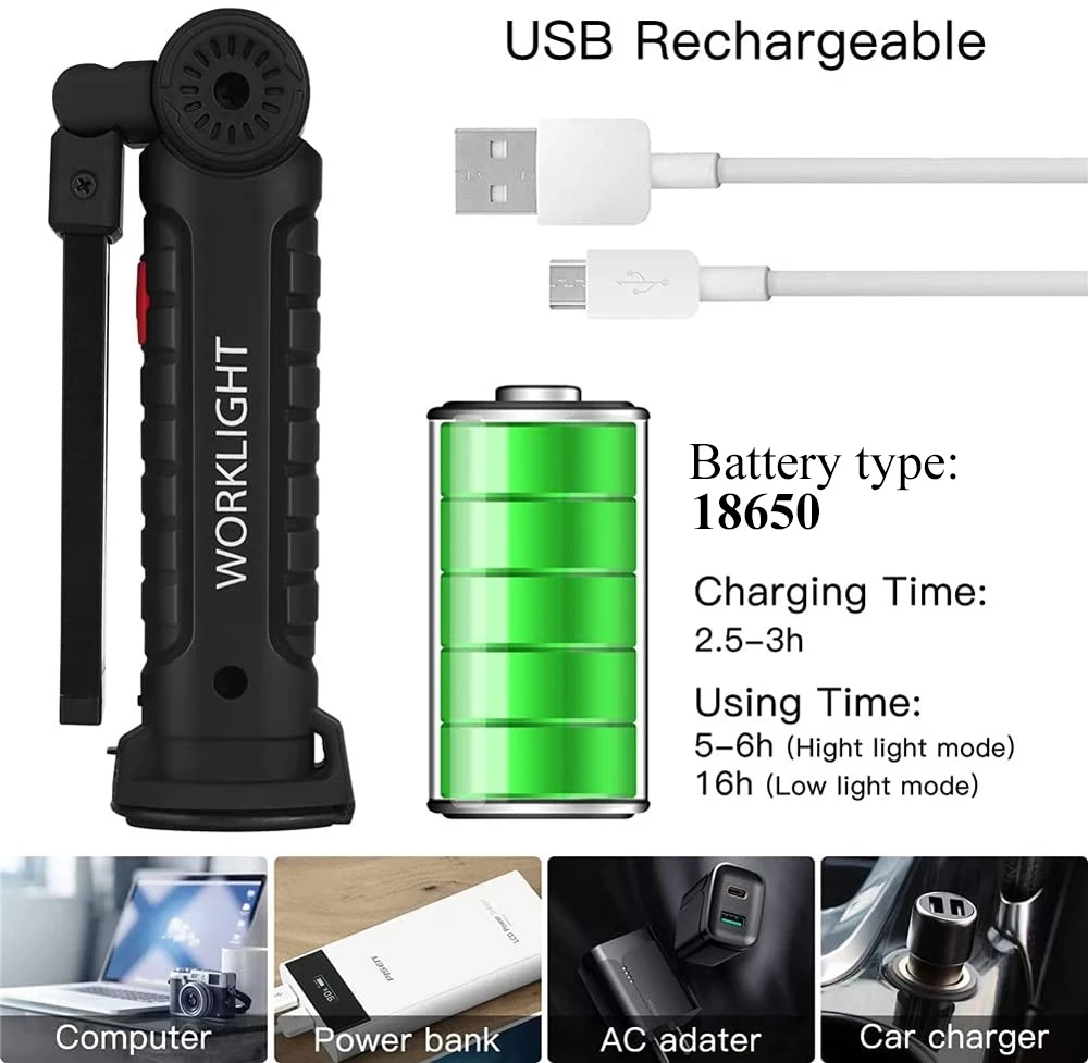 New Portable COB LED Flashlight USB Rechargeable Work Light Magnetic Lantern Hanging Lamp with Built-in Battery Camping Torch 80