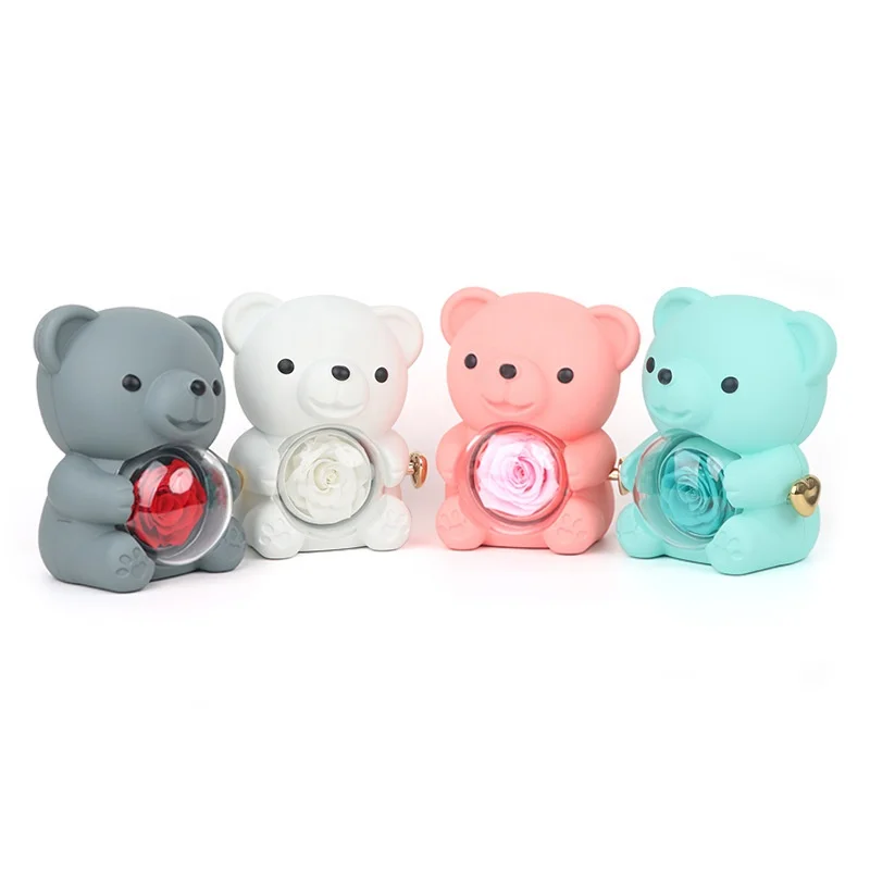 Luxury Little Bear Rotating Pink Blue Preserved Flower Jewelry Rose Gift Box For Rings And Necklaces