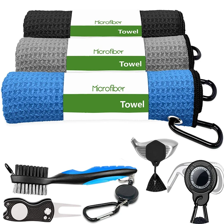 Manufacturer Custom Different Solid Color Quick Dry Towel Microfiber Golf Sports Towel With Brush Set