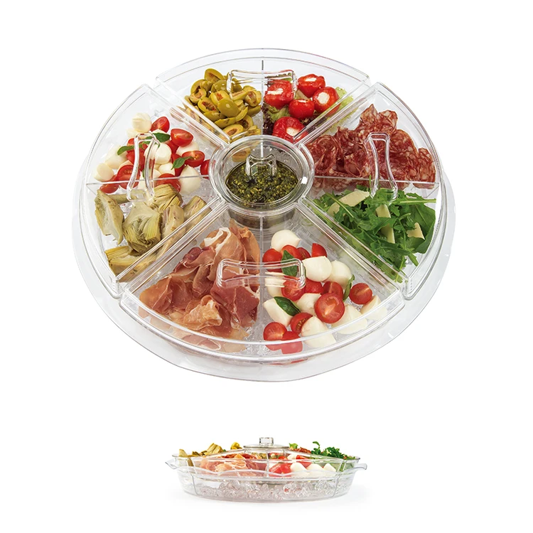 8 Compartment Clear Plastic Fruit Vegetable Tray Appetizer Serving Plates On Ice Food Platter With Lids