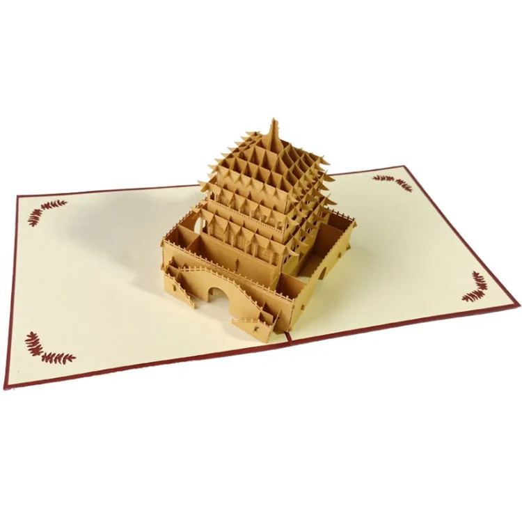 Luxury Custom Ancient Tower Shape Handmade Paper 3D Card With A Grand Chinese Tower Custom Printing Greeting Cards Display Stand