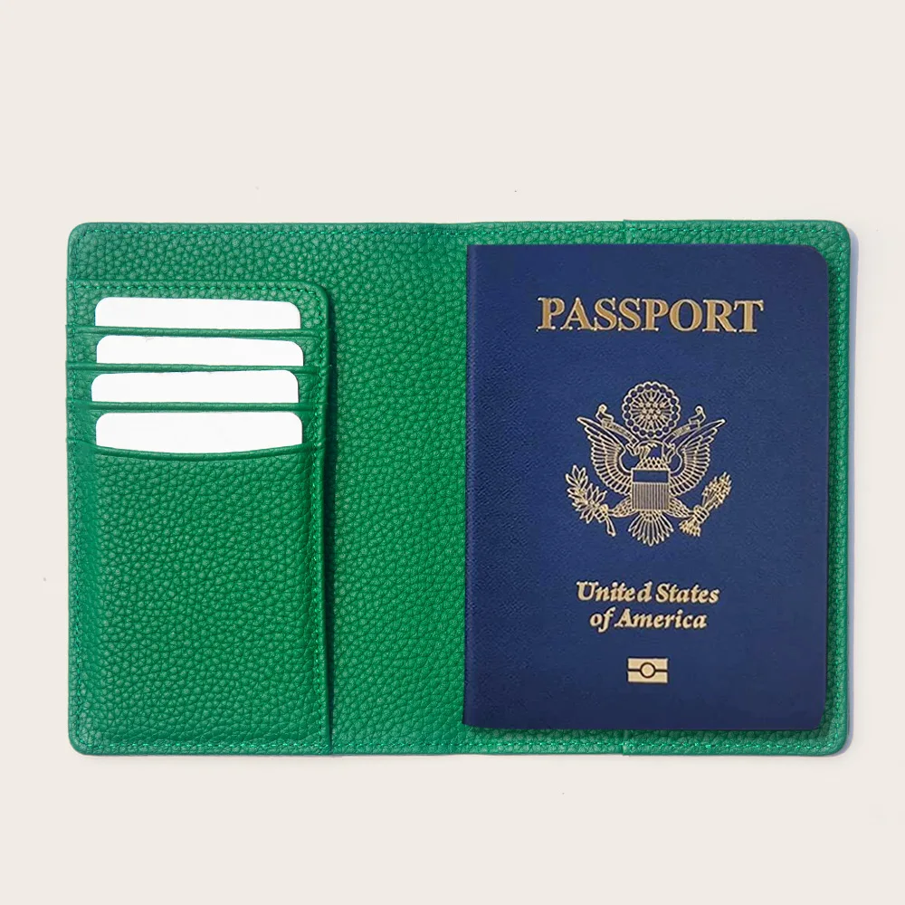 Green Pebble Leather Emboss Logo Men Travel Rfid Passport Wallet Custom Card Holder Document Organizer Passport Cover