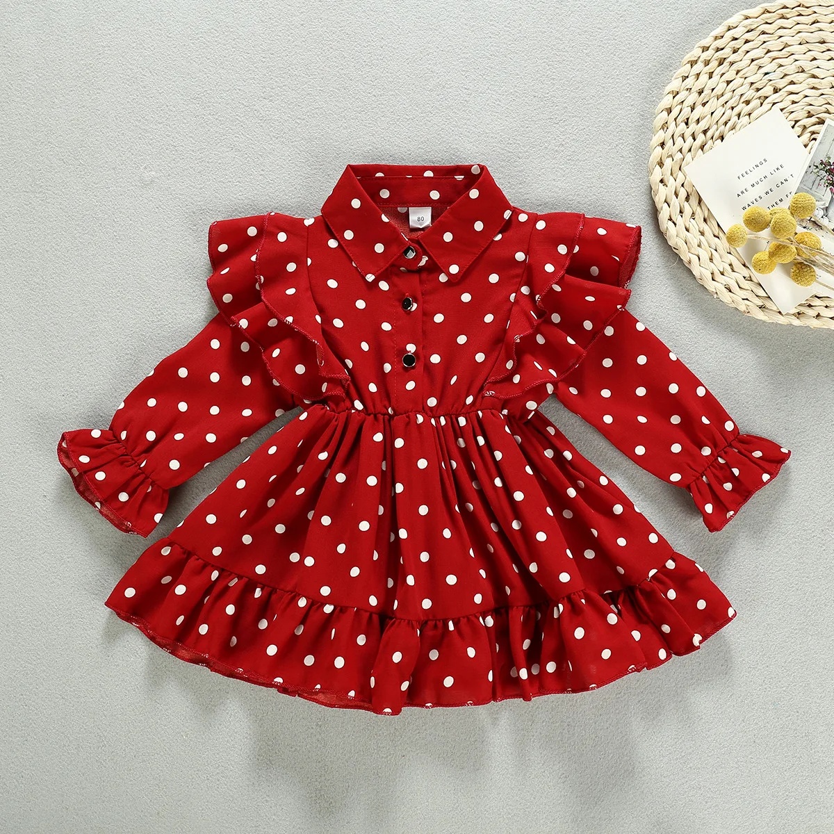 CLW 285 Autumn new girls lapel ruffled long-sleeved polka dot dress kids girls cotton dresses