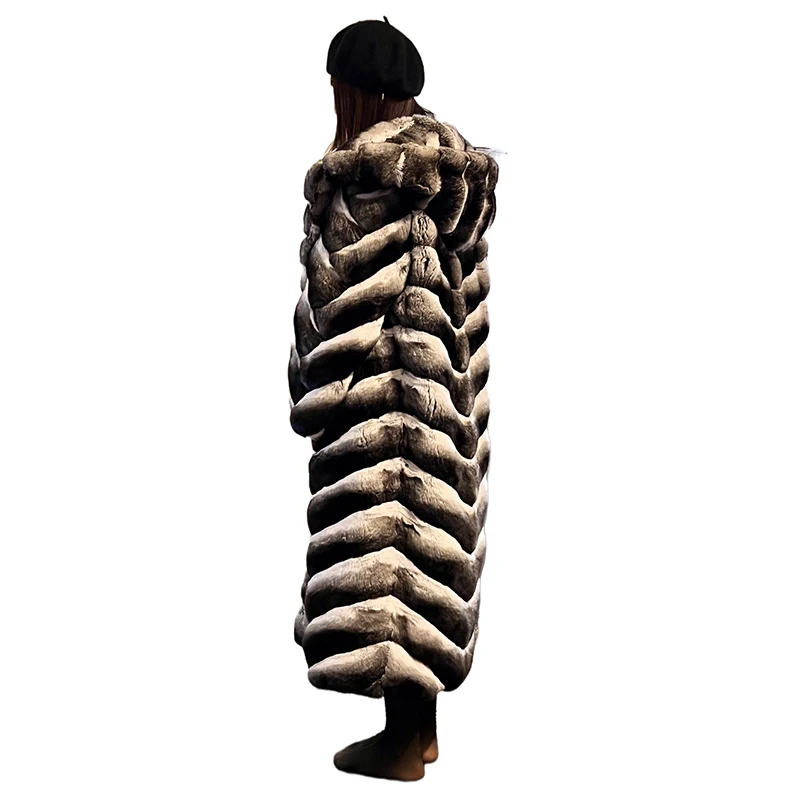 real crown chinchilla fur long coat with huge hood women plus size chinchilla fur long jacket
