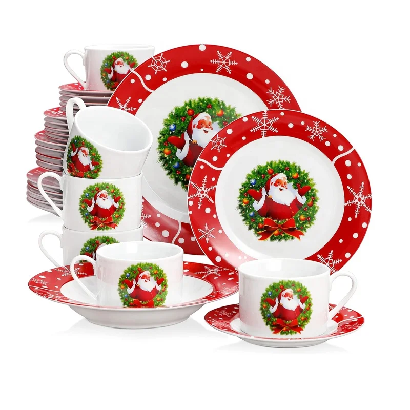30pcs Santa Claus Dinnerware Set,Popular Ceramic Christmas Design Tableware Dinnerset for Festival Gift Porcelain Plate bowl