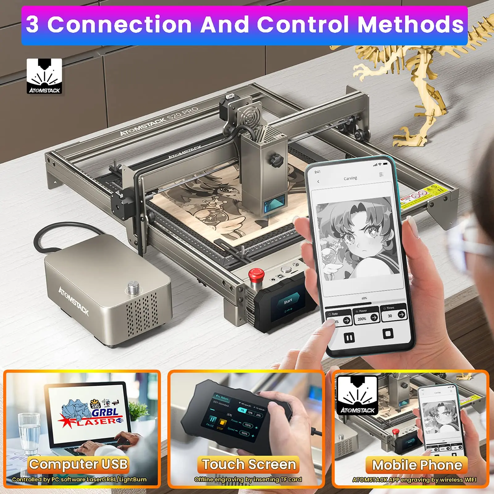 ATOMSTACK S20 X20 A20 Pro Laser Engraver With Air Assist 20W Output Diode Cutting Machine Industrial Grade Desktop DIY Cutter