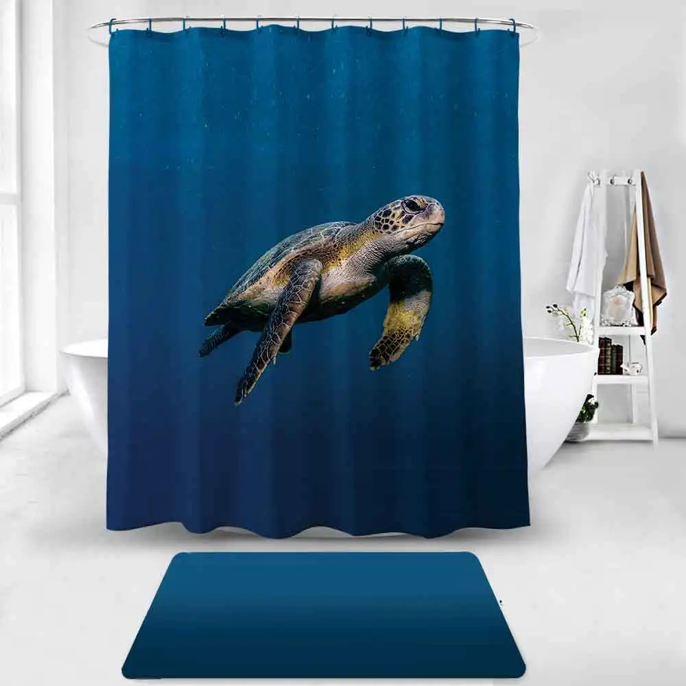 Turtle Sea Horse Dolphin Print Shower Curtain Set Bathroom Bathing Screen Anti-slip Toilet Lid Cover Carpet Rugs Home Decor