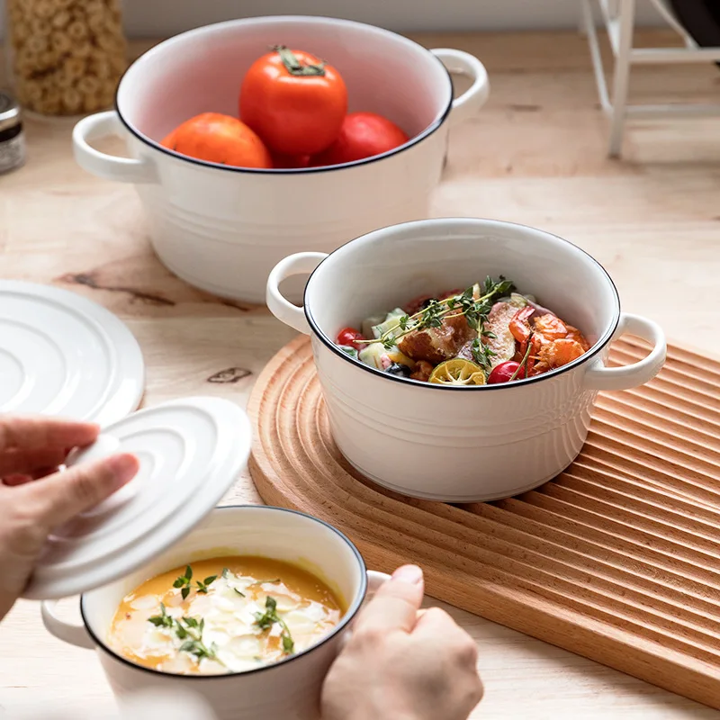 Nordic Brief Style Ceramic Soup Bowl Casserole Handle And Lid Anti Scald Breakfast Oatmean Dessert Salad Ramen Bowl Dinnerware