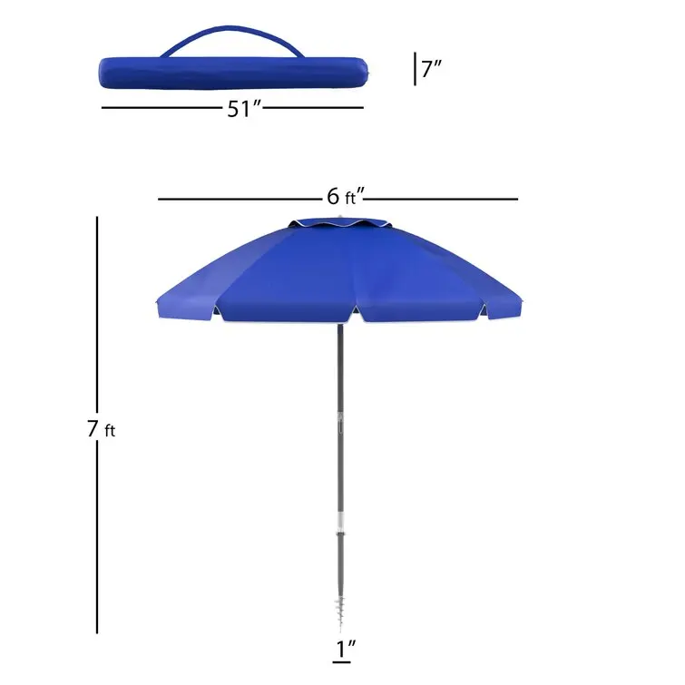 6ft Outdoor 8 Ribs Blue Polyester Silver Fabric Lining  UPF 50+ Protection Metal Beach Umbrella Built-in Sand Anchor with Handle