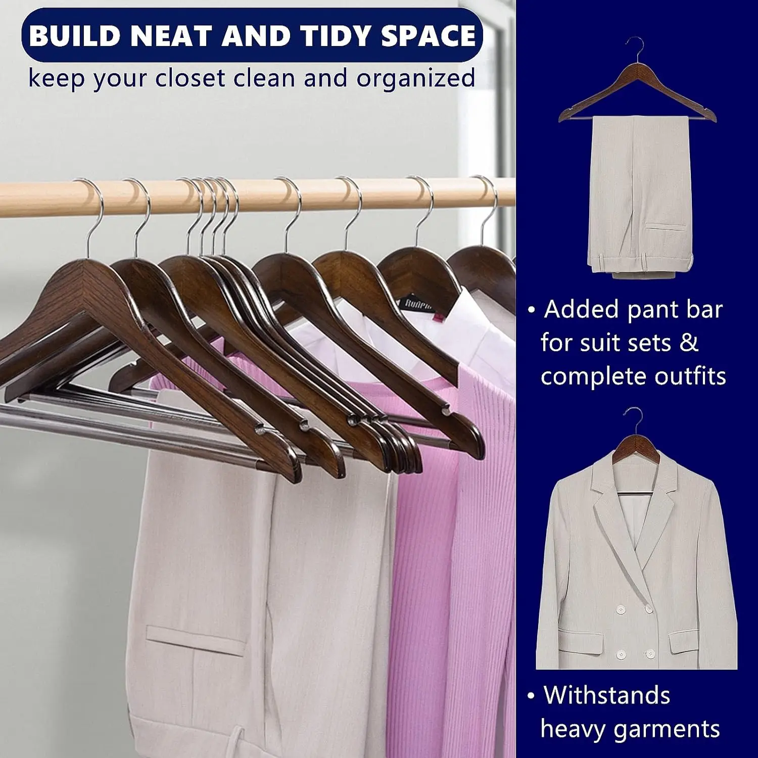 Wholesale Quality Wooden Hangers Solid Wood suit Coat Hanger with Chrome Hooks Heavy Duty Clothes Hangers
