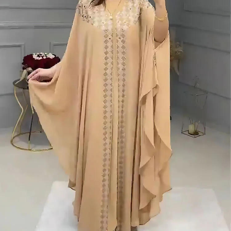 Long Gown Beads Chiffon Heavy Duty Hot Diamond Muslims Stylish Abaya Dresses Robe Muslim Ethnic Caftan Arabic Burka Design