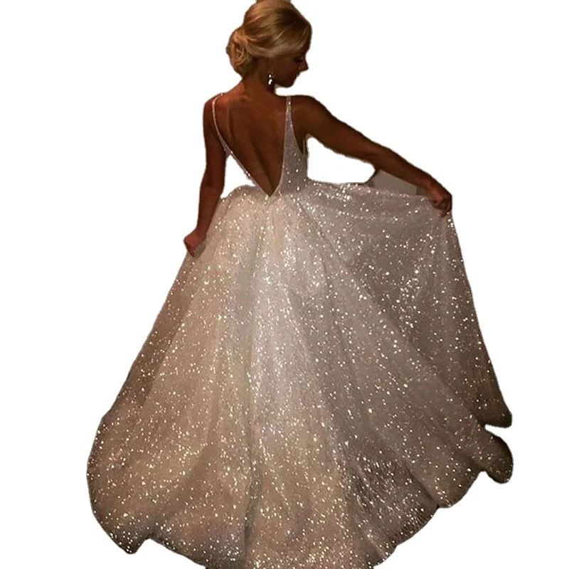 Модное повседневное сексуальное платье с V-образным вырезом и открытой спиной с блестками для женщин