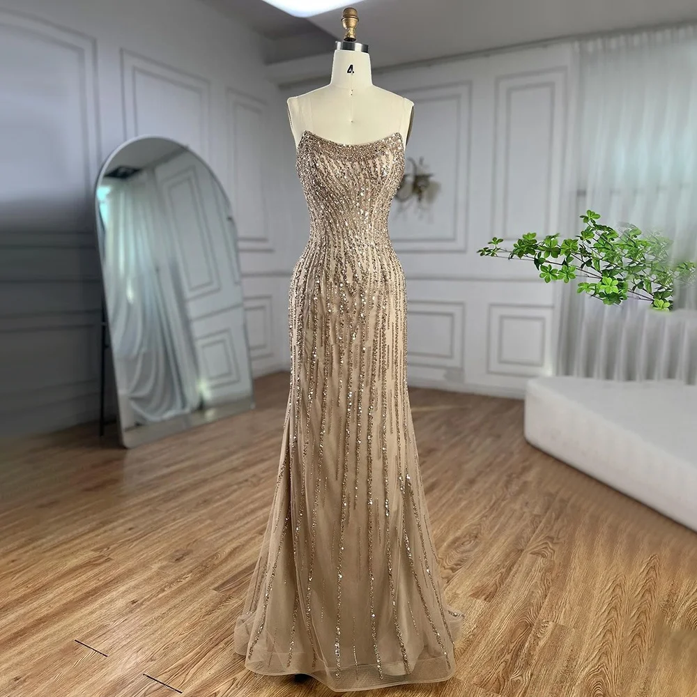 Serene Hill Dubai Caramel Mermaid Long Cloak Beaded Pearls Luxury Evening Dresses Gowns For Women Wedding Party 2024 LA72223