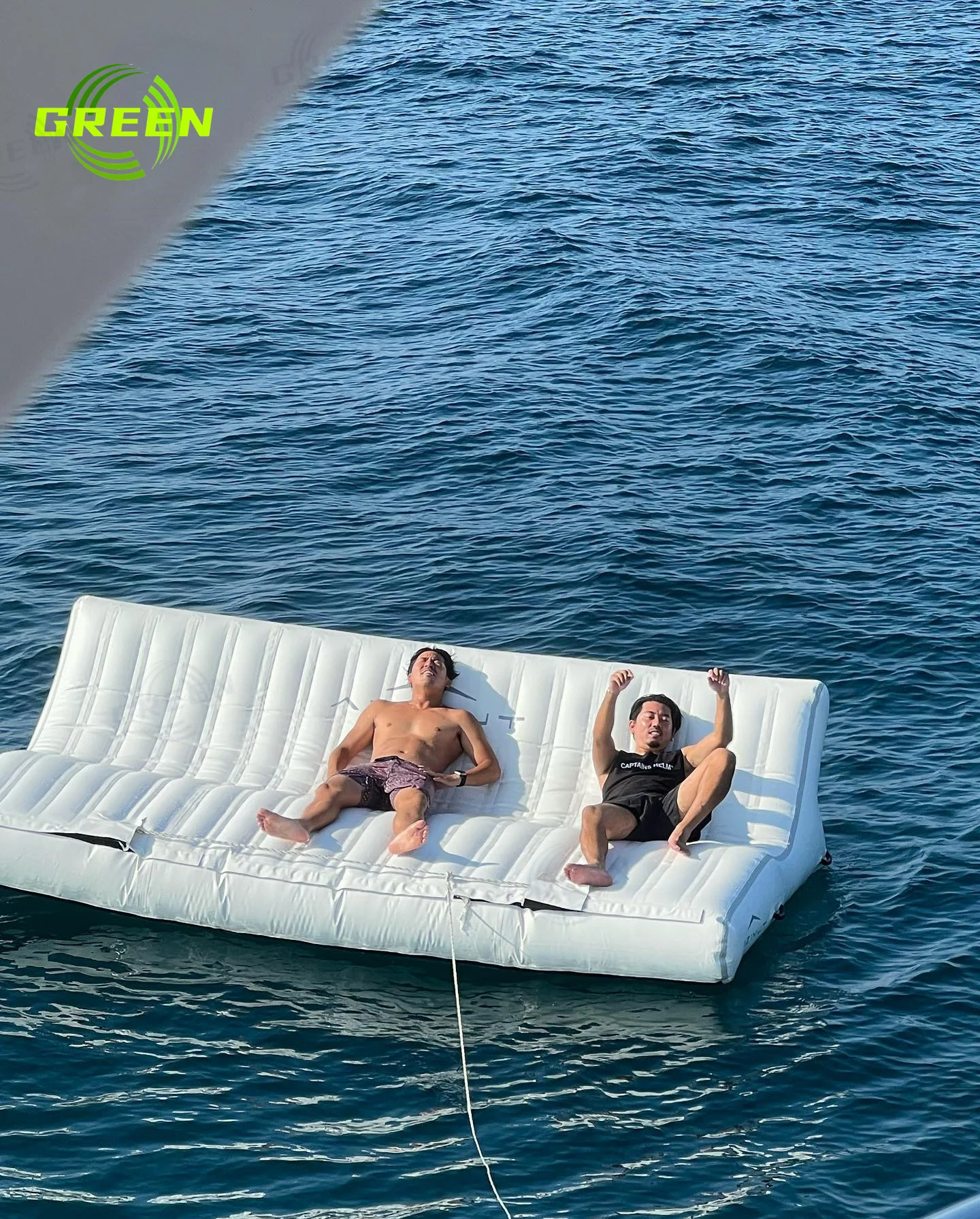 Green factory price Rectangle float L shape inflatable island floating lounge for lake or pool