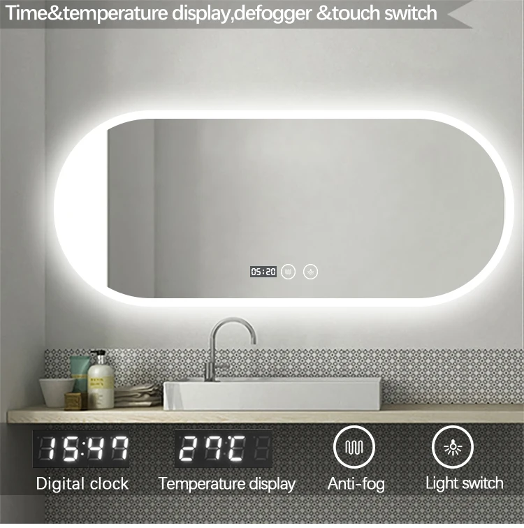 Frameless luxury oval illuminated smart wall mounted anti fog touch screen bathroom mirror with LED lights
