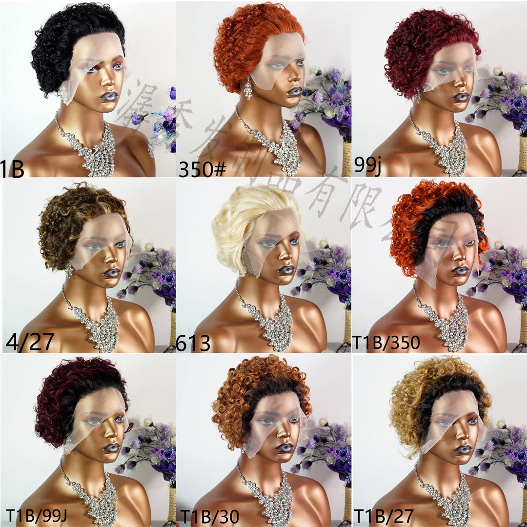 Cheap Pixie Short Hair Lace Frontal Wig Black Women Perruque Pixie Cut Human Hair Bob 180% Density Short Pixie Cut Curly Wig