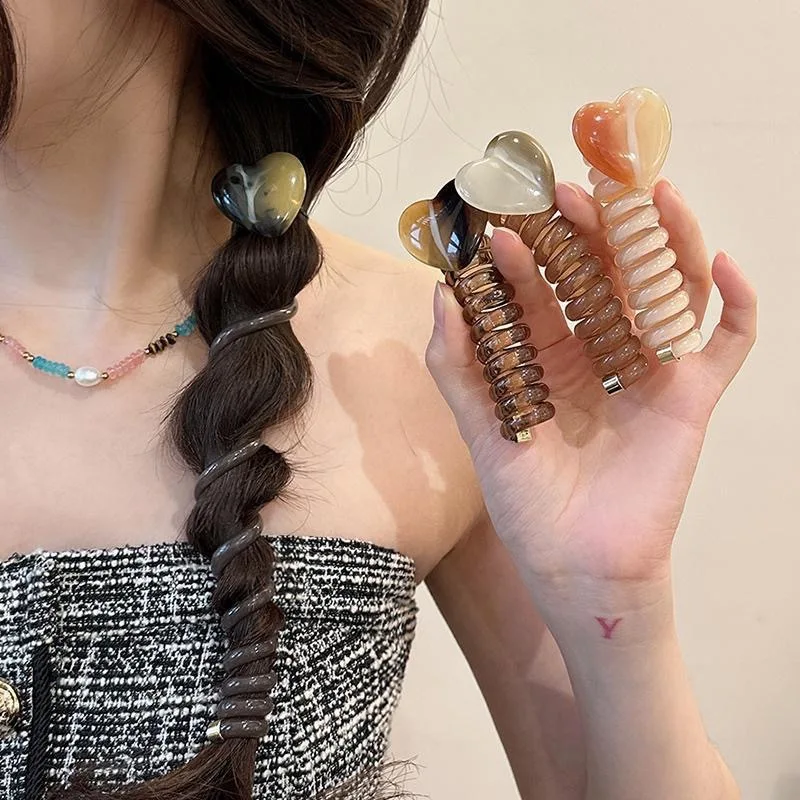 Braided Phone Cord Telephone Wire Hair Band No Damage Elastic Ponytail Holder Fixed Hair Rope Heart Rubber Band Spiral Hair Ties