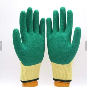 10 Gauge Yellow cotton Green latex crinkle Palm Coated gloves