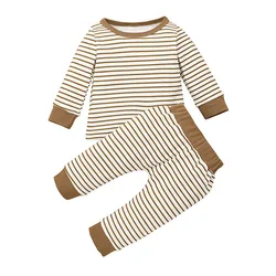 Детская осенняя Повседневная Верхняя одежда контрастных цветов с длинным рукавом и брюки комплект из двух предметов в полоску