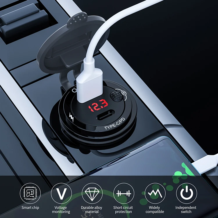 Алюминиевое автомобильное зарядное устройство 2 порта Dual Usb Lcd 12 24 V QC Pd 3 0 для лодок