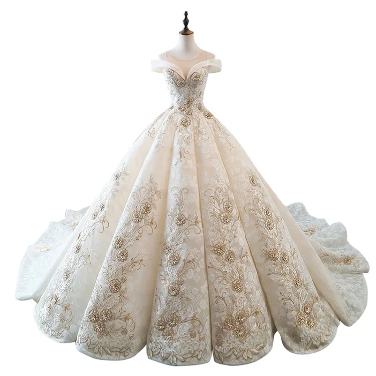 
Simple word shoulder champagne colored flower bride long tailed wedding dress ball gown 