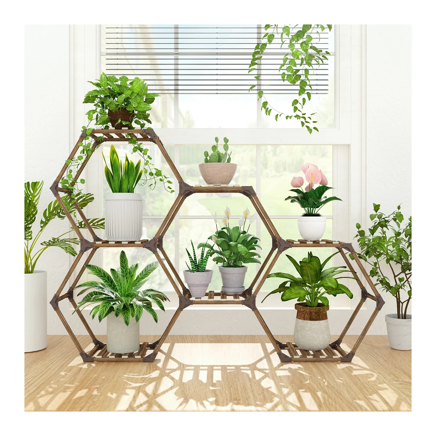 Indoor Outdoor Plant Shelf Large 7 Tiers Wooden Potted Holder Hexagonal Plant Stand For DIY Flower Stand