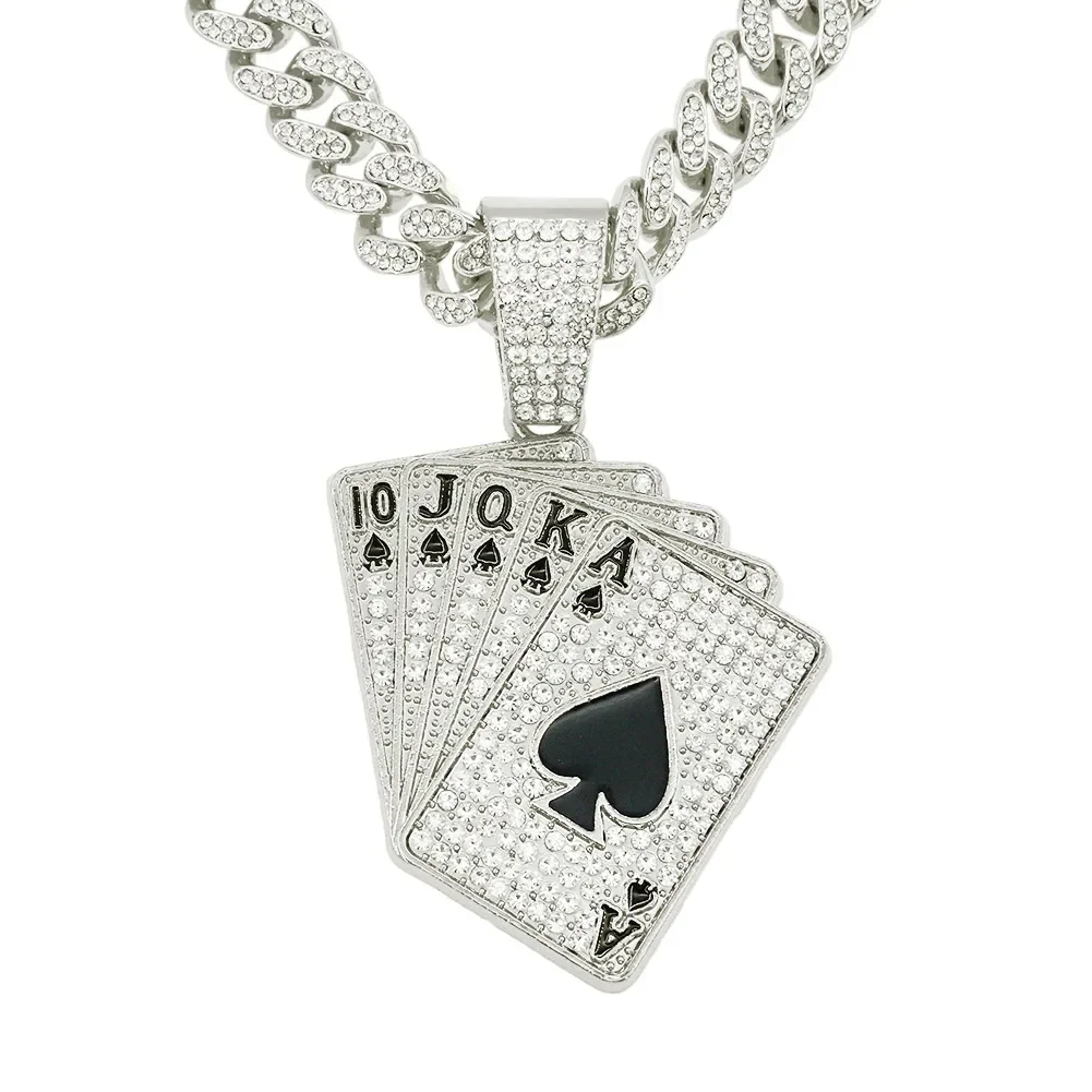 Hip hop Men Dunk Poker Pendant Chain Iced Out Rhinestone Cuban Game Charm Necklace Gold Plated Jewelry