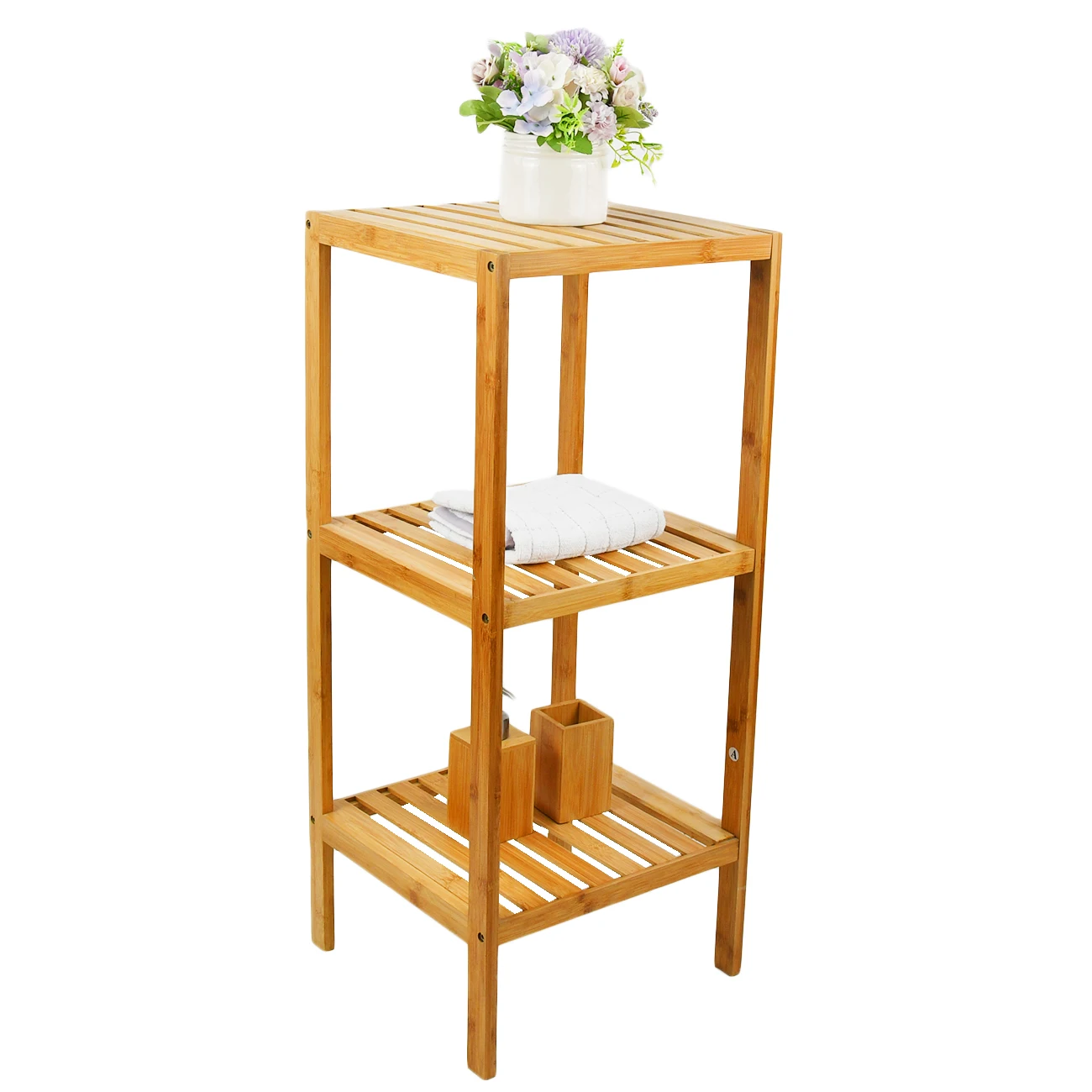 3 Tier Free standing Nature Bamboo Bathroom Towel Rack Plant Display Stand Storage Shelf