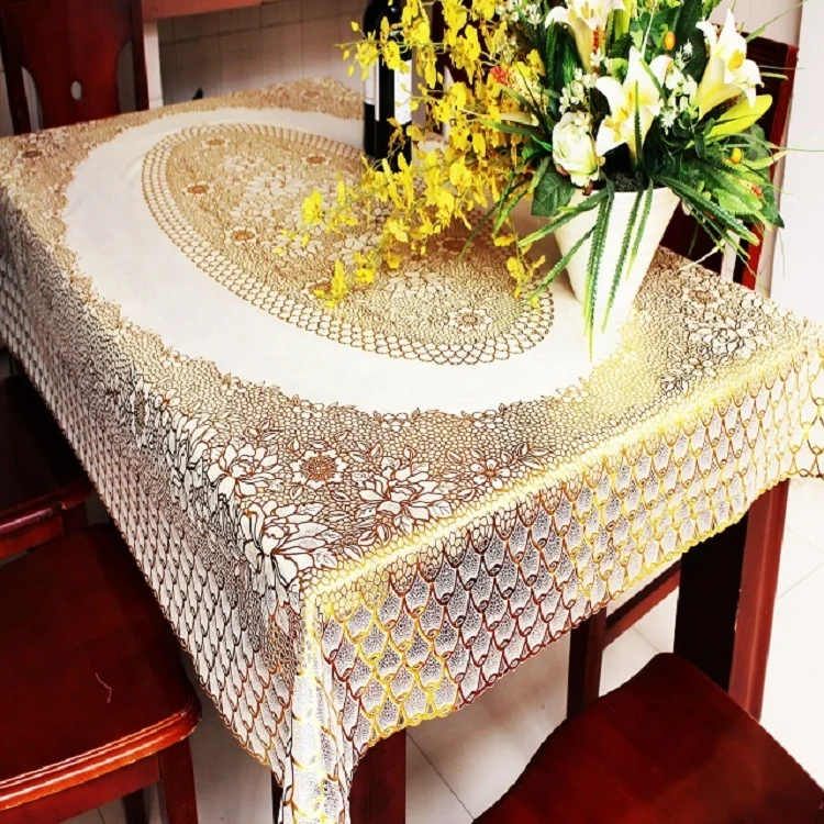 137*181cm factory supplier wholesale custom PVC lace table cloth gold printed plastic dining table cover roll