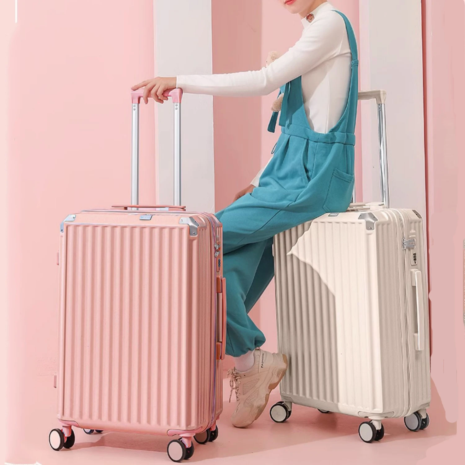 Cream Trolley Luggage Case Universal Wheels Combination Lock 20'Carry On Suitcase Luggage Sets