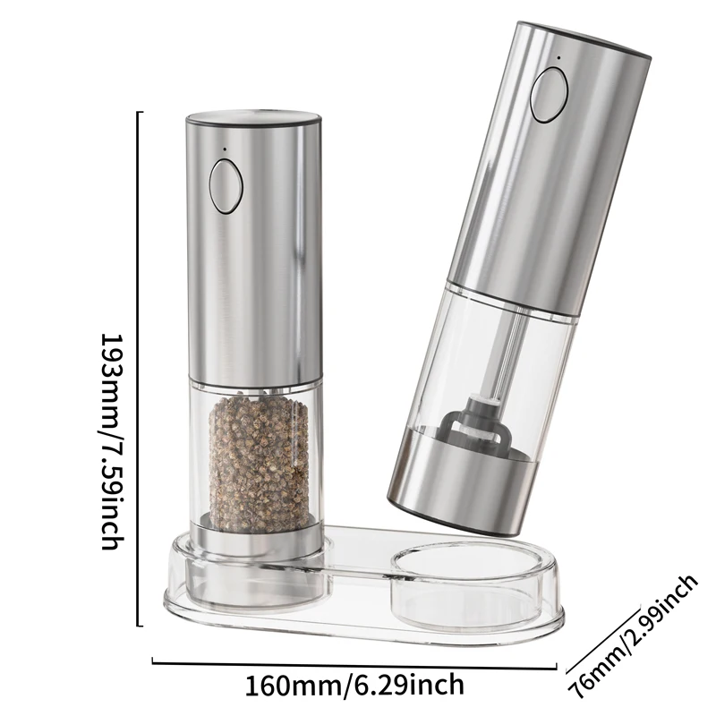 New Arrivals Stainless Steel 95ML Rechargeable Electric Salt and Pepper Spice Grinder Mills Set with Storage Base