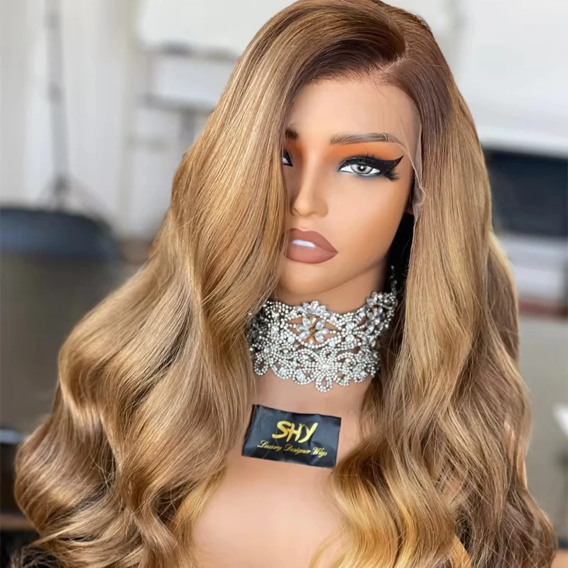 SHY New Desgin Balayage Highlight Glueless Wigs HD Lace Front Wigs Human 24 Inch Body Wave With Pre Plucked Hairline