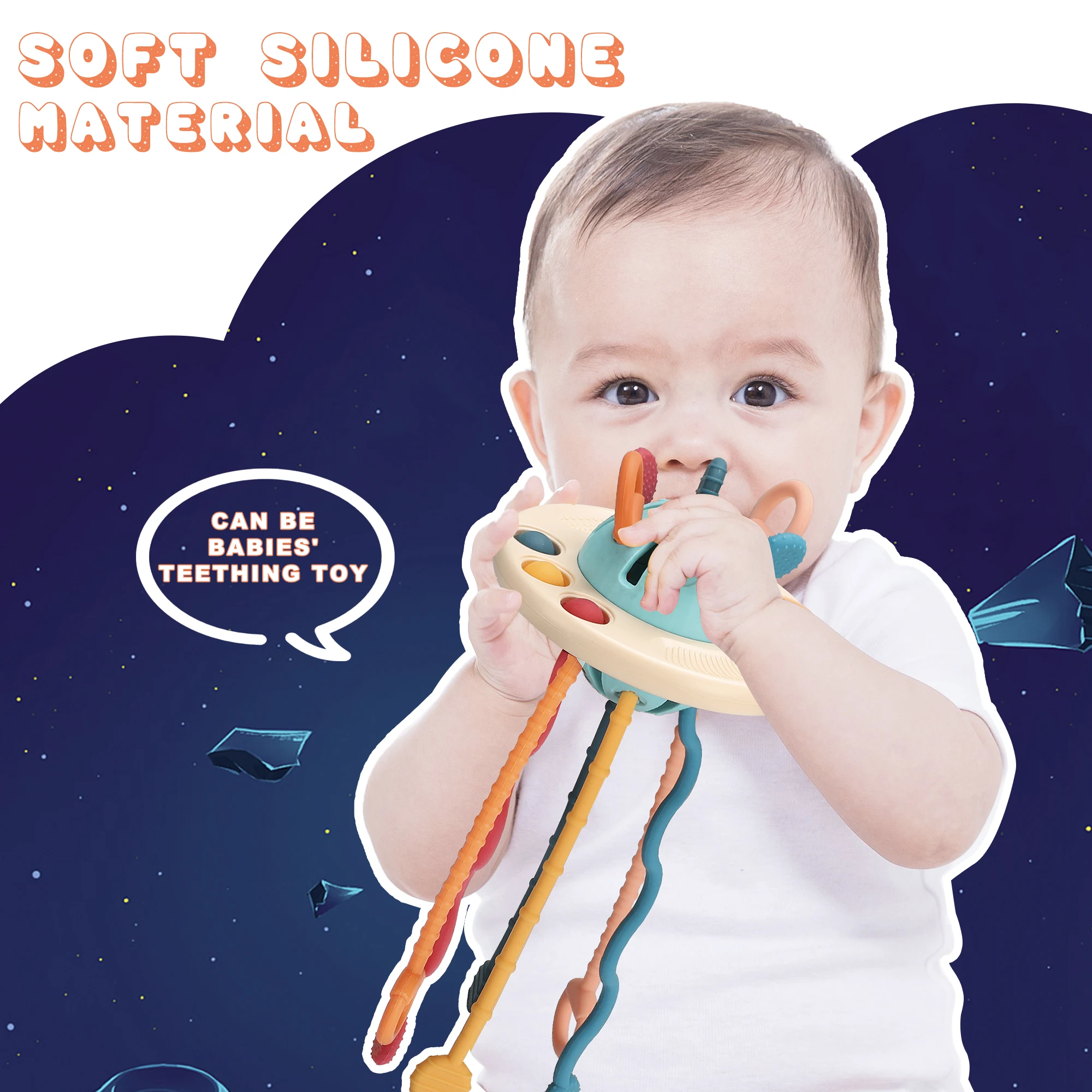 Fast Delivery Finger Activity Sensory Training Educational Baby Soft Teether Food Grade Chew Silicone Pulling String Toy