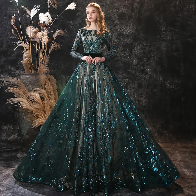 2021 Green Bridesmaids Evening Dresses Sheer Layered Ball Gown Long Sleeve Sequin Evening Dresses