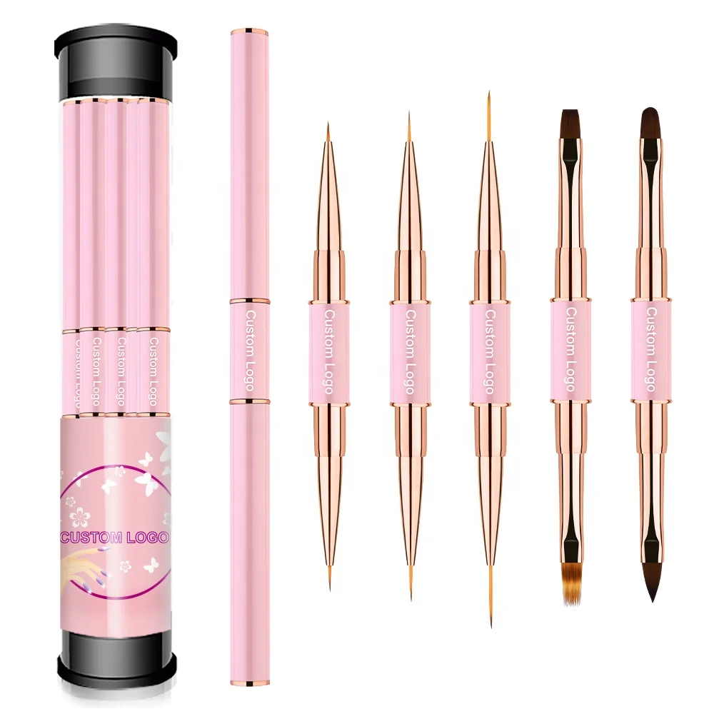 5pcs Set Double Side Nylon Nail Liner Brushes Pink Metal Handle Gel Acrylic Liner Nail Art Brush Set for Nail Design
