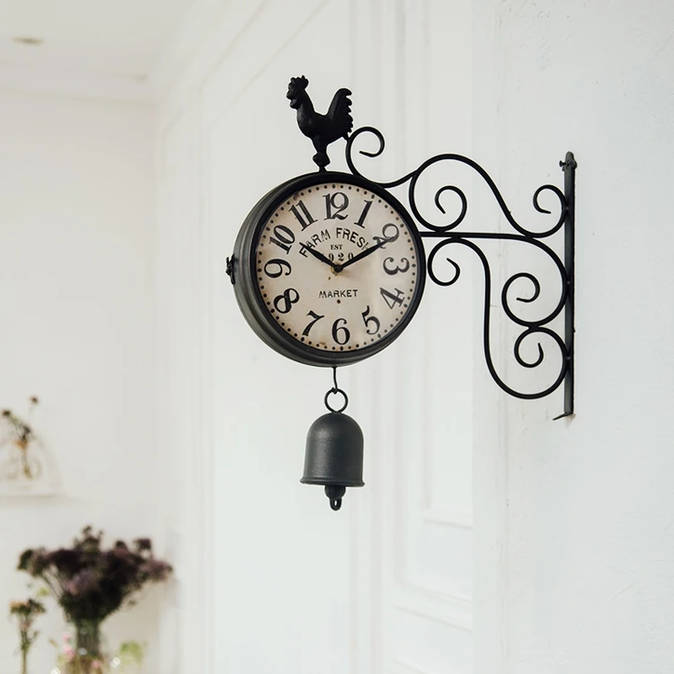 Garden Double Clock with Bell Outside Decoration Retro Style Double Sided Wall Clock