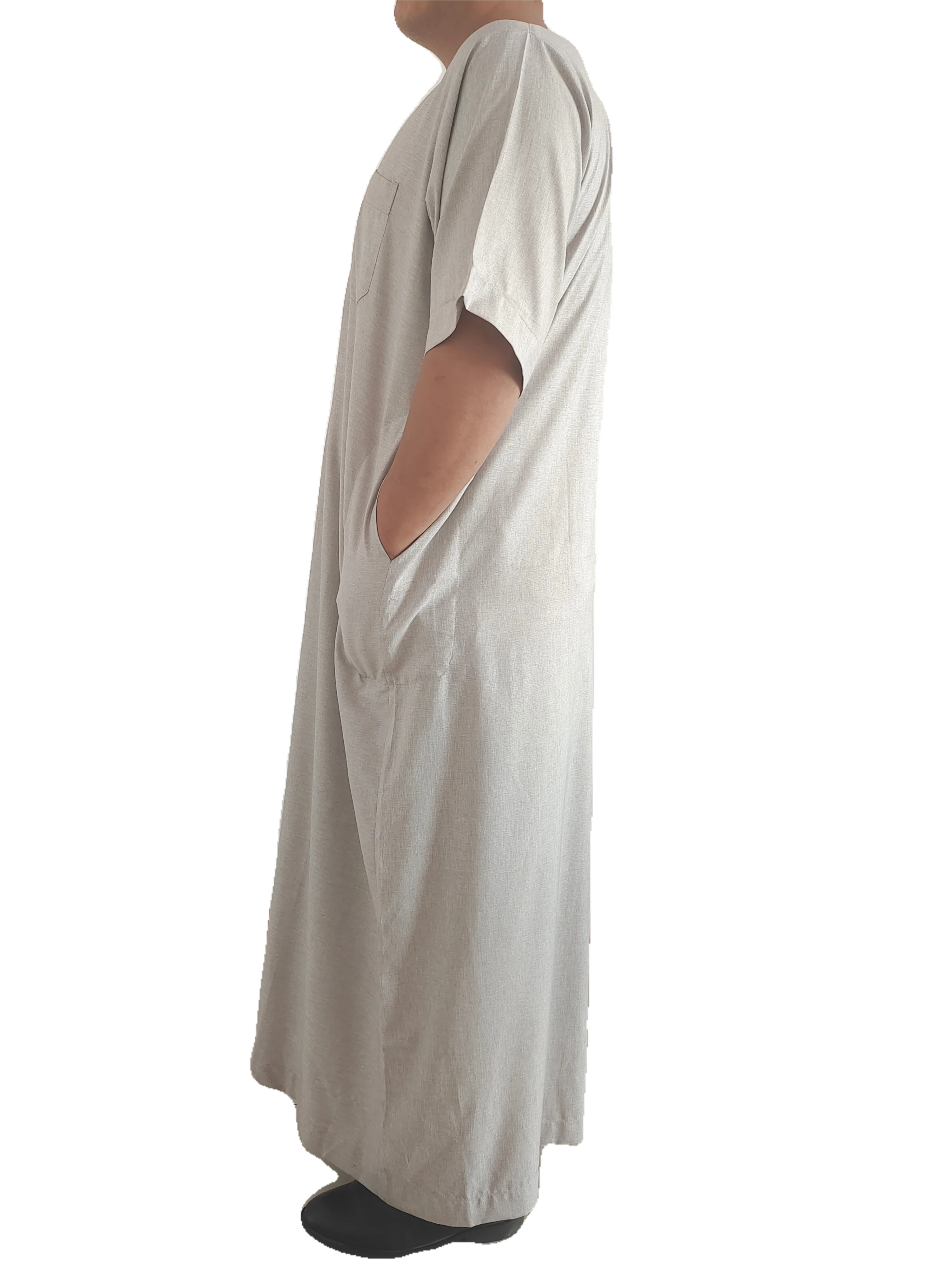 2021 Cotton Fashion Embroidered Half Sleeve Muslim Robe Abaya Men Islamic Clothing