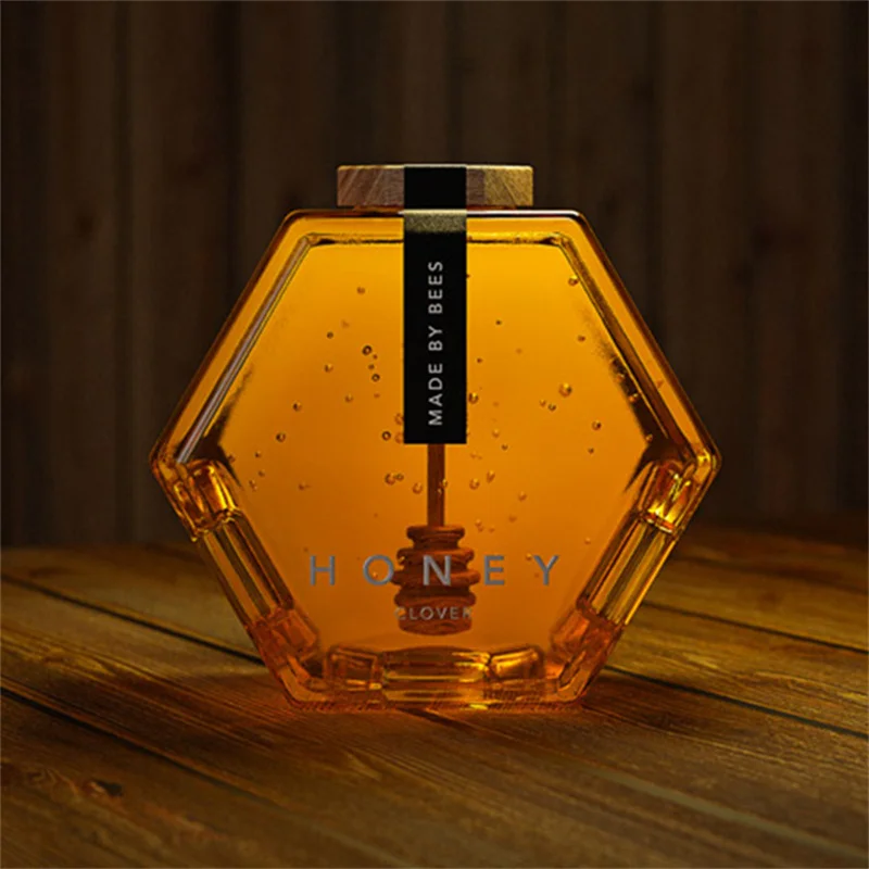 Hexagonal Honey Jar Food Grade Lead Free Cristal Storage honey jar packaging container Glass Jar with Wooden Lid