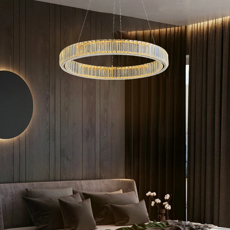 Hot Selling Modern Luxury Hanging Lights Circle Ring Dining Room High Ceiling Chandelier Crystal Led Rose Gold Pendant Light