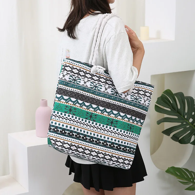 Beach Travel Canvas Rope Tote Cute Shoulder Shopping Bag for Woman