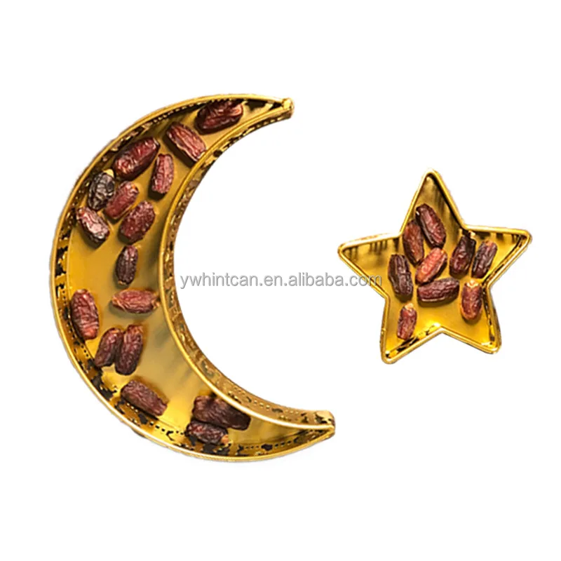 Золотые металлические сервировочные подносы Hintcan Eid Mubarak Moon Star, оптовая продажа, десертная обеденная тарелка для украшения дома