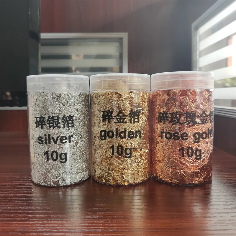 10 г/цвет * 3 банки листовой лист с золотыми листьями набор хлопьев серебром/золотом/розовым золотом для ногтей/поделок/смолы/DIY/золочения всего 30 г хлопья фольги