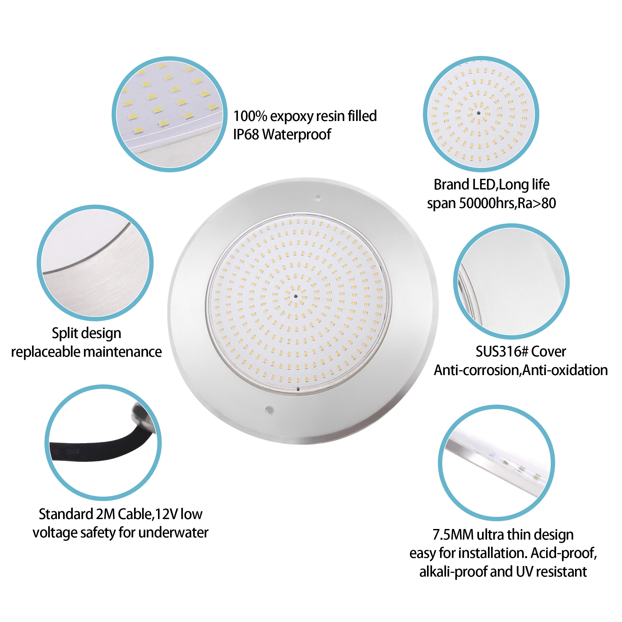 New Design IP68 RGB DMX512 WIFI Control 7.5mm Stainless Steel Led Underwater Light Wireless Par56 Swimming Pool Lights