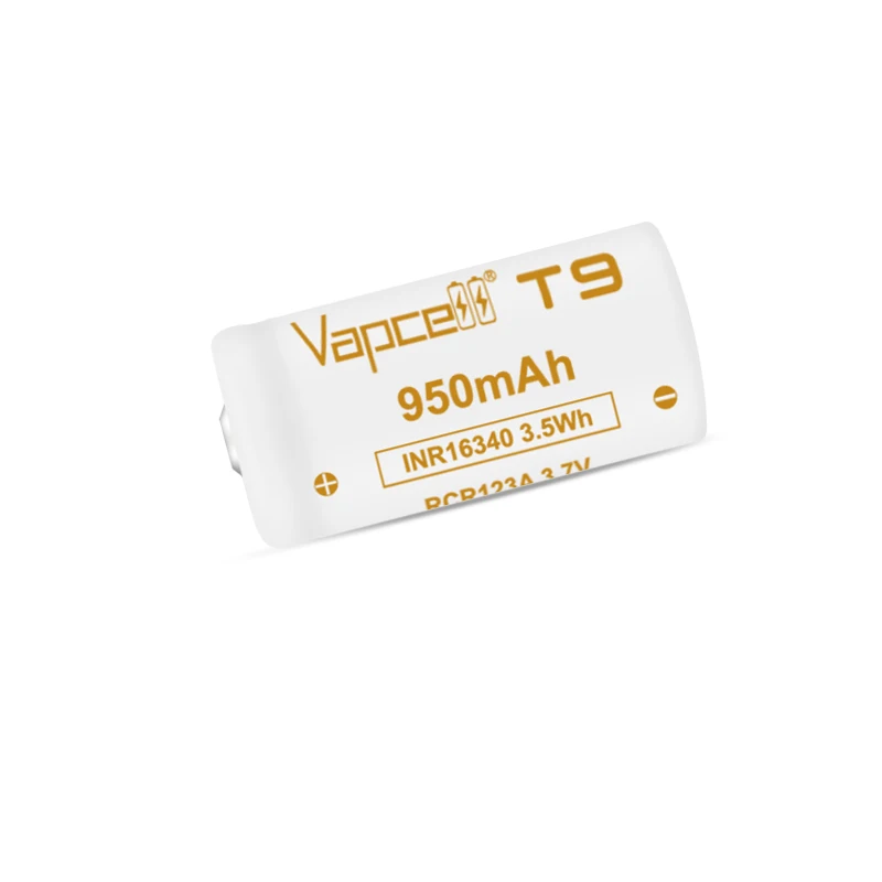 Vapcell Rcr123a 16340 t9 flat top 16340 3.7v 950mah high capacity Rechargeable Battery Replace Cr123a for mini fan