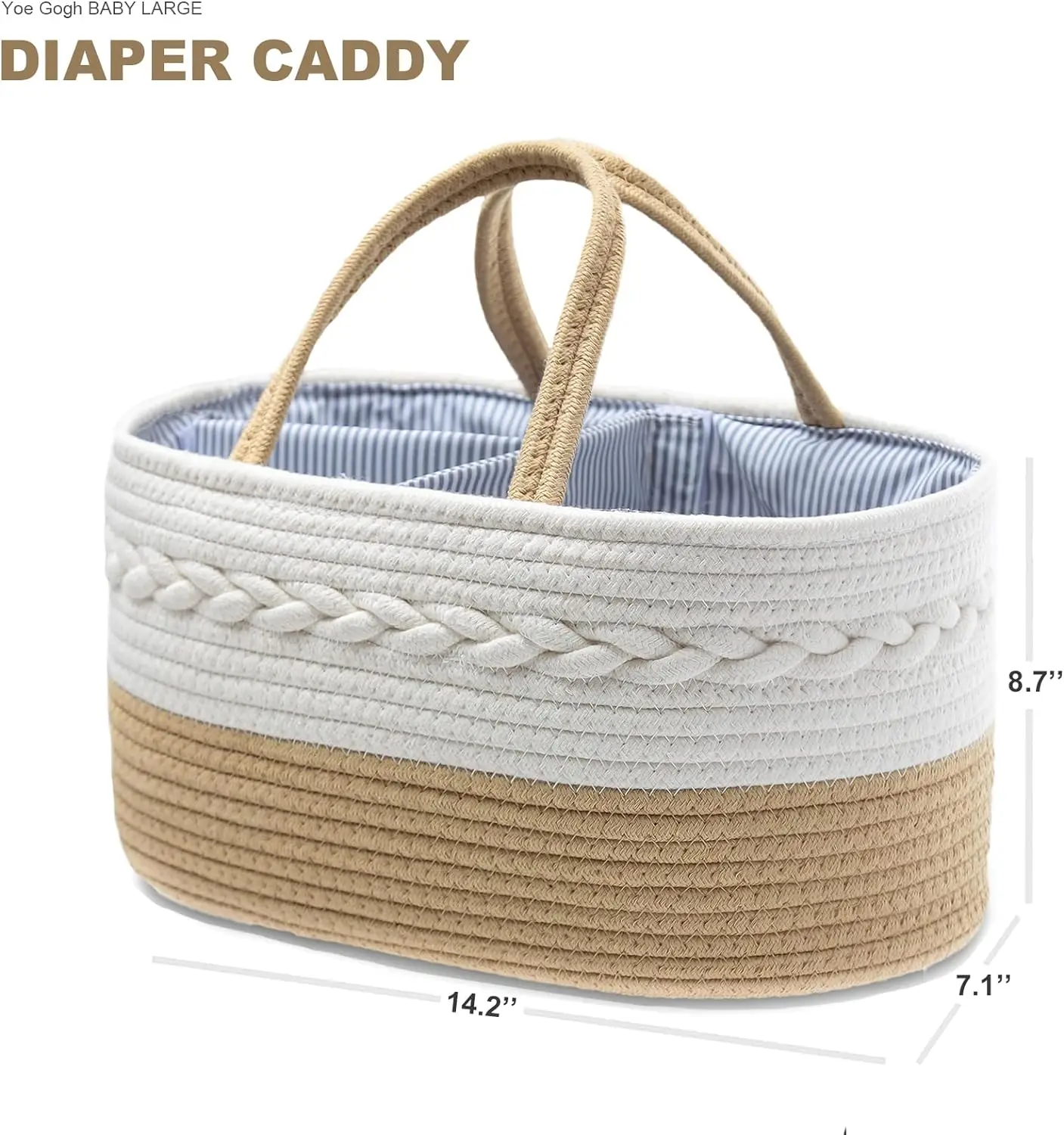 Rope Woven Nursery Storage Basket with Adjustable Divider ,Baby Diaper Caddy Organizer, Portable Car Travel Diapers Organizer