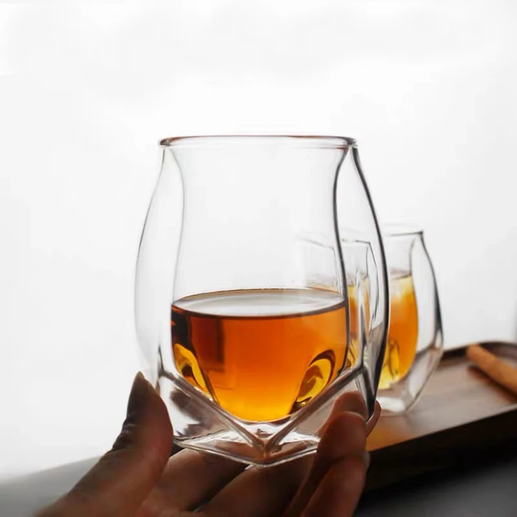 Unique Shape Double Walled Glass Whiskey Cup Multilateral Figure Double Layer Shot Glass For Wine