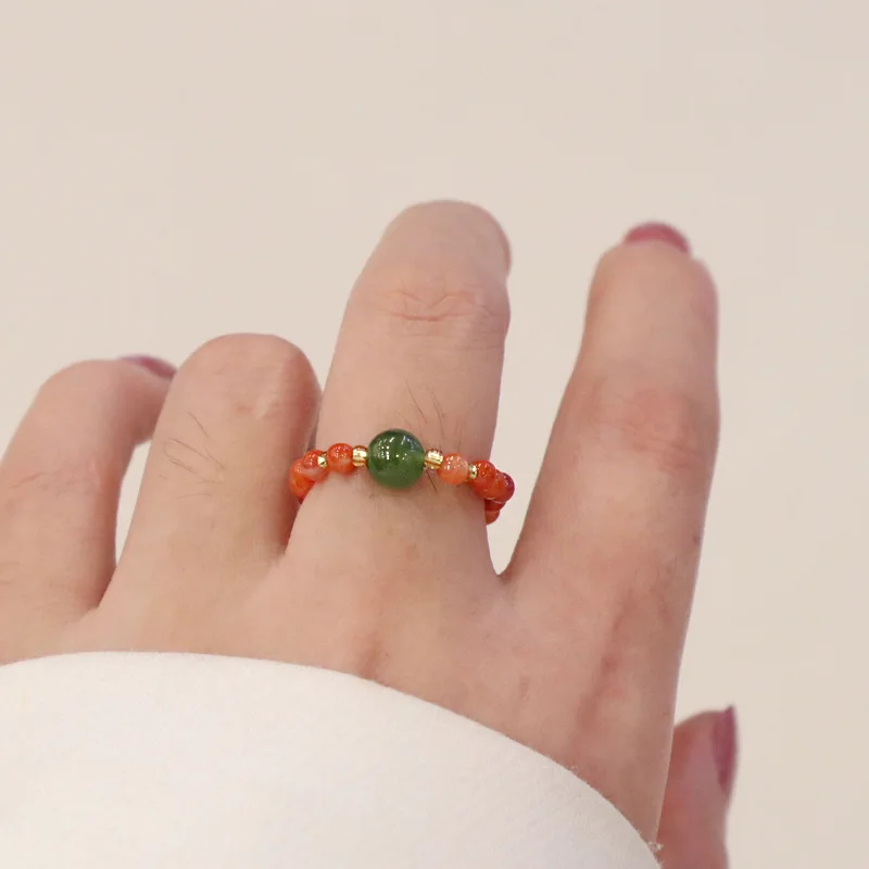 Natural heather red jasper elastic ring female good luck auspicious index finger ring