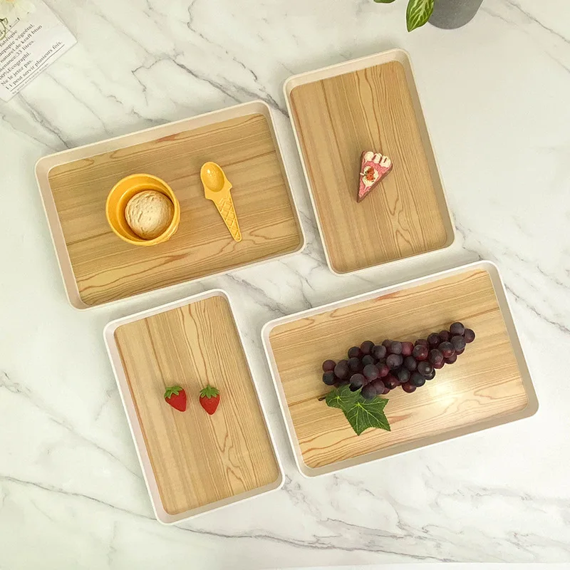 Bamboo Wooden Pattern Rectangle Melamine Tray Plate Dish Set Household Restaurant Use Classic Design Sustainable